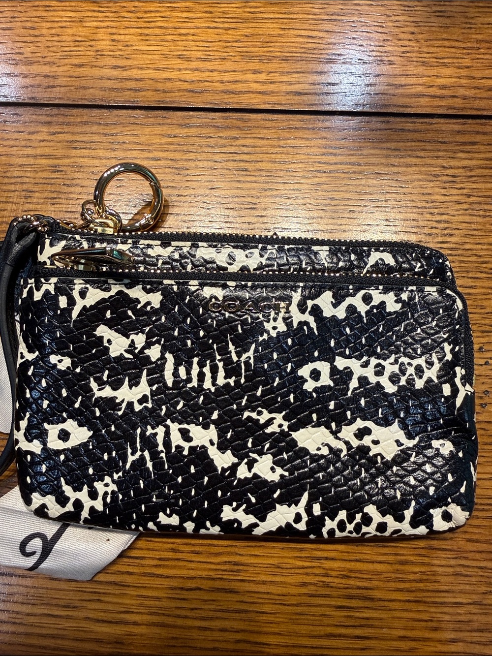 Coach Black & Cream Patterned Leather Zip Wristlet